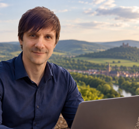 Thomas Büchling mit Laptop vor einer nordhessischen Landschaft